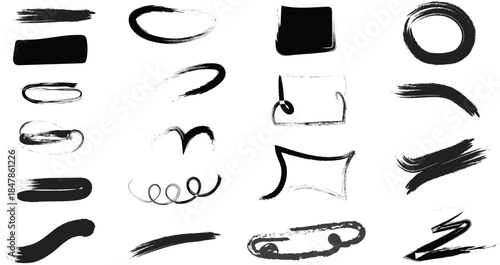 Vector art collection featuring a black and white silhouette set of paint brushes and animal icons with cat face elements and hand sign symbols for graphic design