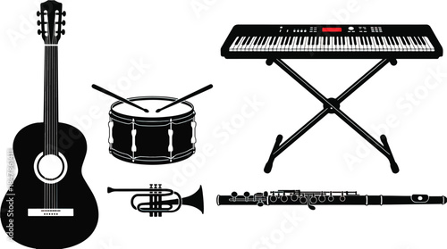 Collection of black silhouette musical instruments including guitar keyboard drum trumpet and flute icons perfect for music education design