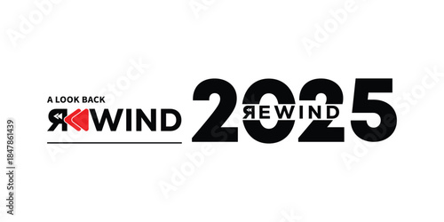 Bold “A Look Back Rewind 2025” typography with red play button icon and dynamic black year numbers on clean white background, ideal for year-in-review videos, social media recaps, highlight reels.