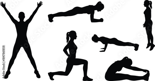 Collection of black silhouette icons depicting a woman performing various fitness exercises like jumping jacks lunges planks and stretching routines