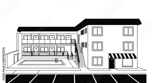 A motel building with a swimming pool and parking lot is depicted in black and white.