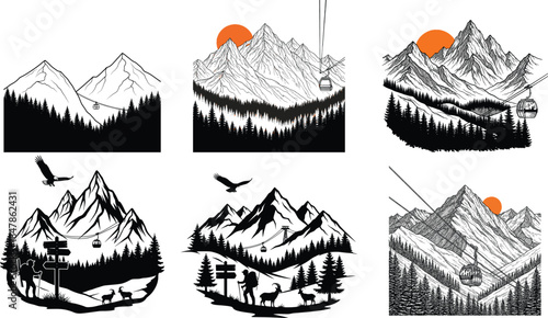 Collection of stylized mountain landscapes with pine trees and cable cars