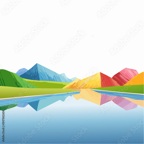 Colorful Abstract Landscape with Mountains, Water Reflection and Bright Hues