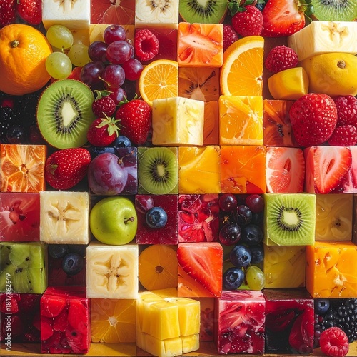 Fond composé de cubes de fruits diversifiés disposés en mosaïque. Generated Image. 