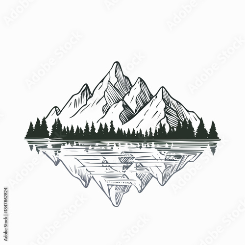 Minimalist black and white mountain landscape reflected in a lake illustration with trees