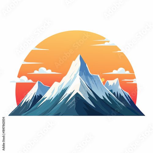 Minimalist Digital Illustration of a Majestic Snow-Capped Mountain Scene at Sunset