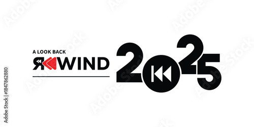 Bold “A Look Back Rewind 2025” typography with red play button icon and dynamic black year numbers on clean white background, ideal for year-in-review videos, social media recaps, highlight reels.