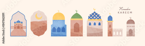 Ramadan Kareem greeting with colorful stylized mosques and Islamic architecture elements in soft pastel colors. Crescent moons on domes. Vector illustration for poster, banner, celebration design.