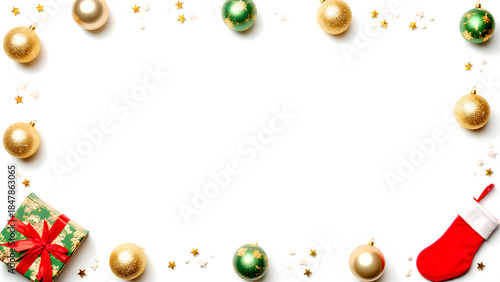 Festive Christmas decorations featuring gold and green ornaments, a gift, and a stocking, arranged around a blank center for holiday-themed designs.
