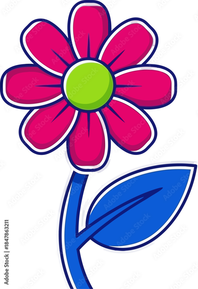 Fototapeta premium A vibrant cartoon flower with pink petals and a green center.