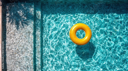 Top-down aerial view of a turquoise pool with a yellow float
