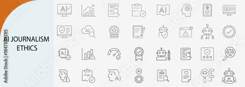 ai journalism ethics and media icons, minimal line vector set