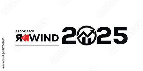 Bold “A Look Back Rewind 2025” typography with red play button icon and dynamic black year numbers on clean white background, ideal for year-in-review videos, social media recaps, highlight reels.