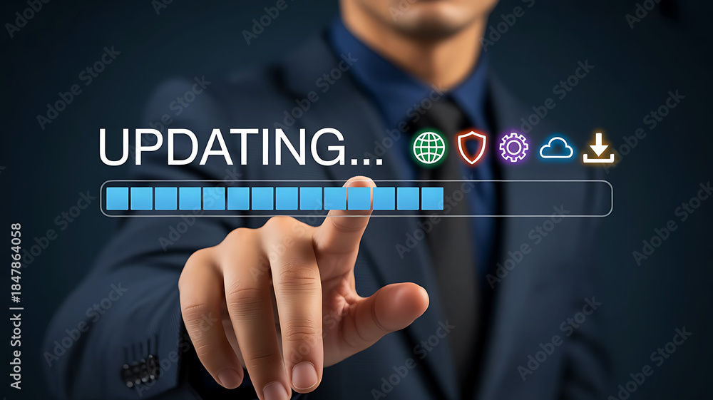 Obraz premium Software Update Progress on Laptop with Digital Overlay and Person
