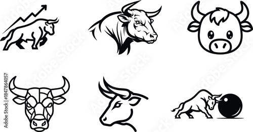 Vector collection of powerful bull icons suitable for financial stock market logos and aggressive sports mascots.
