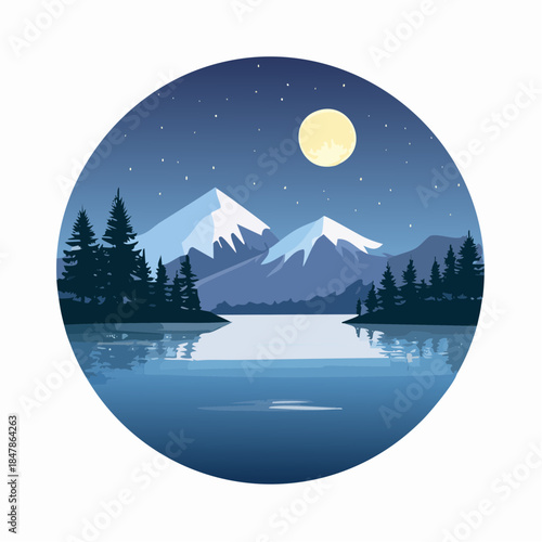 Serene nighttime landscape featuring snow-capped mountains, a calm lake, and a full moon