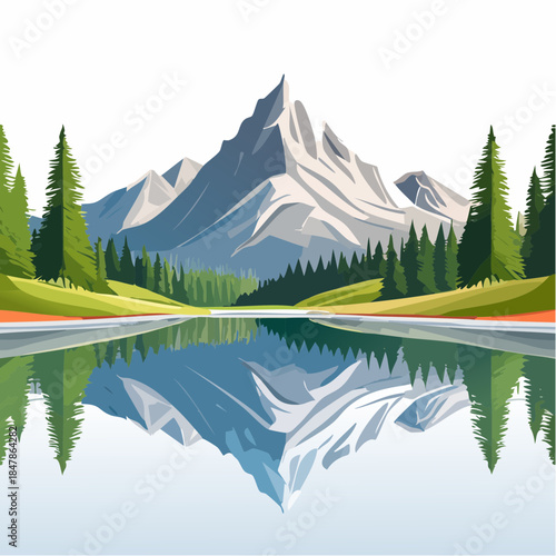 Serene mountain landscape with snow-capped peaks reflected in a calm lake surrounded by lush green