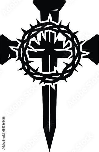 Religious Cross and Crown of Thorns Icon in Black Silhouette on White