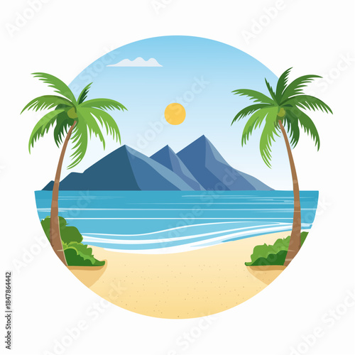 Serene tropical beach scene with palm trees, mountains and ocean view under clear sky