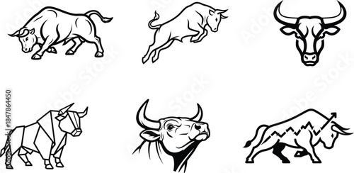 Diverse set of strong bull graphics for vinyl cutting t-shirt printing and corporate identity 