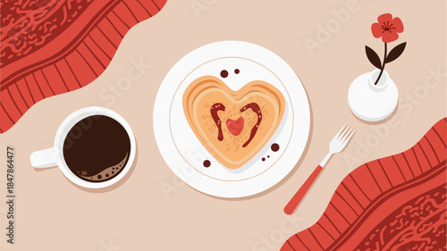Romantic breakfast with heart shaped pancake coffee cup and red tablecloth background vector illustration