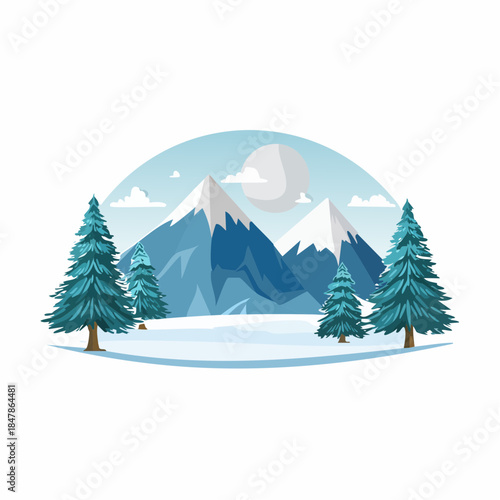 Serene winter landscape featuring snow-capped mountains and evergreen trees under a clear sky