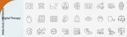 digital therapy icon set with mental health and wearable tech, minimal line vector design