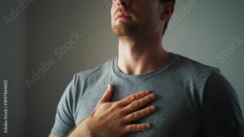 Young adult caucasian man holding his hand over his heart in a gesture of gratitude. A sequence of emotional moments showing faith, self love and inner peace concept