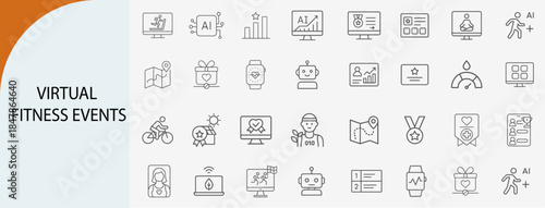 virtual fitness events icon set with health tracking and coaching, minimal line vector design