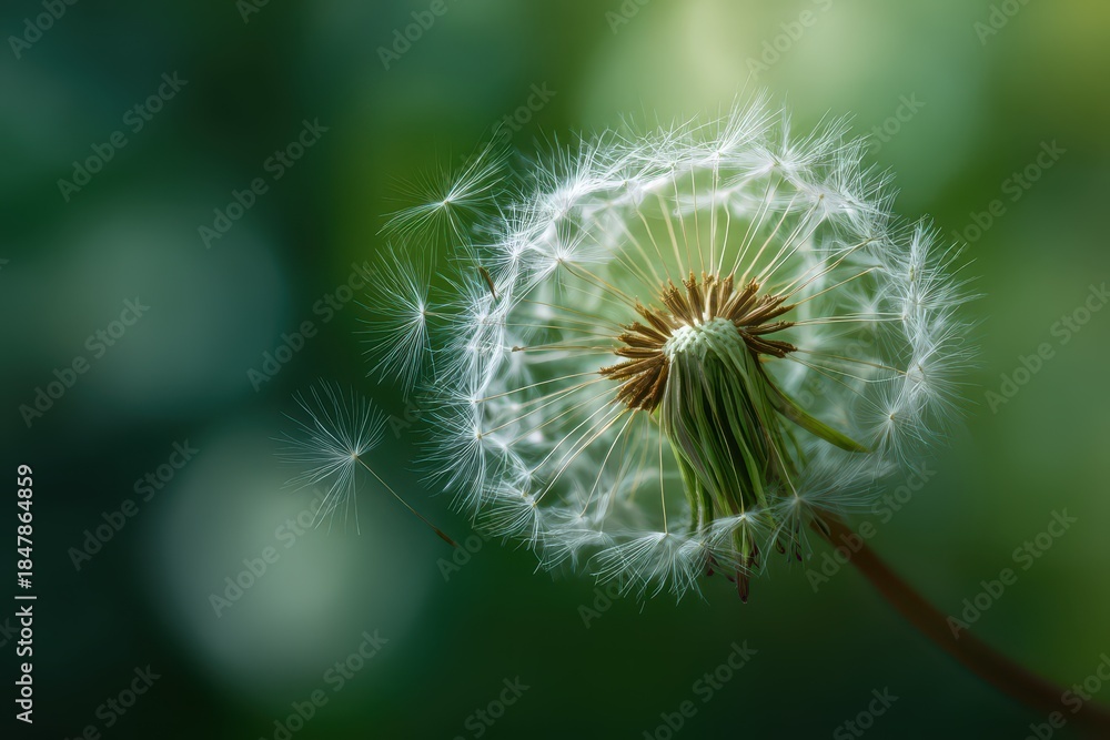 Fototapeta premium Delicate dandelion puff with airborne seeds moving through sunlit air