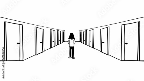 Person standing at hallway with many doors
