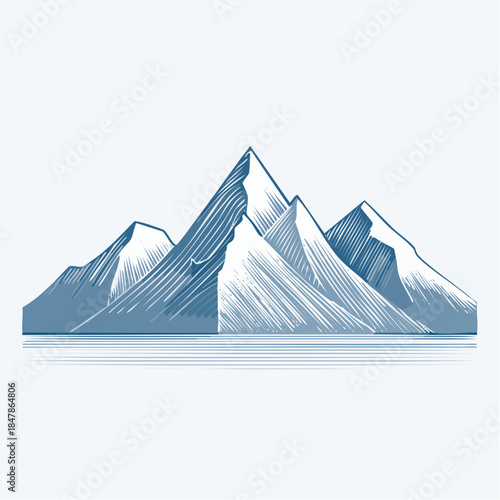 Stylized minimalist illustration of majestic snow-capped mountains and serene lake landscape