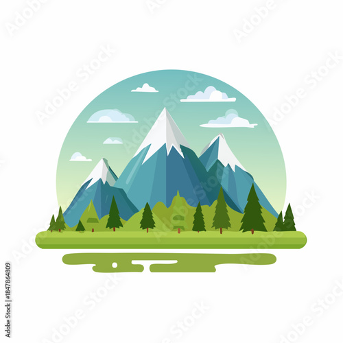 Stylized mountain landscape illustration with snow-capped peaks lush green trees and a serene