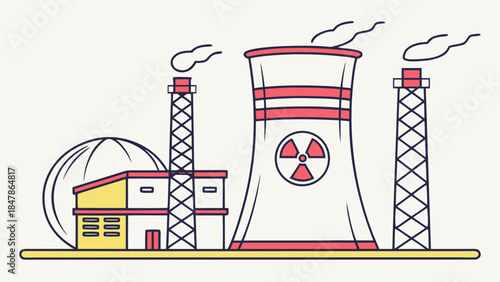 Nuclear power plant with cooling tower and radiation symbol