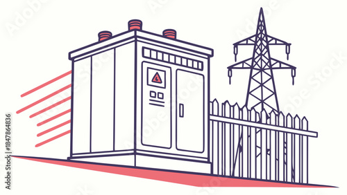 Electrical transformer unit and power line tower illustration