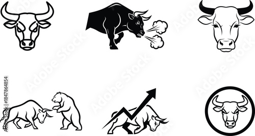 Six distinct bull line art vectors ranging from low poly geometric to dynamic charging animal sketches.