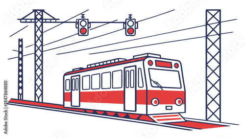 Modern Red and White Train on Tracks with Traffic Lights