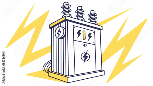 Stylized electrical transformer illustration with lightning bolts