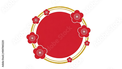 Red Circular Frame with Cherry Blossoms for Japanese New Year Decorations