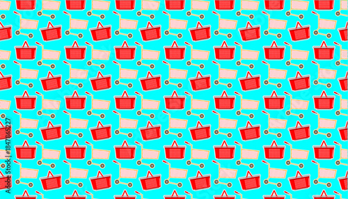 Shopping cart seamless pattern. Seamless pattern of shopping basket. Shopping cart and shopping basket pattern. Shopping cart and basket icon illustration on blue light background.
