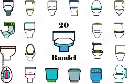 Modern flat illustration of toilet bowls in various styles and colors for bathroom, plumbing and interior design concepts
