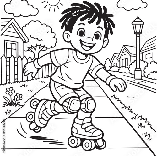 Funny cartoon illustration of a smiling boy and little girl on roller skates and another little girl on a scooter enjoying a fun childhood sport and outdoor education