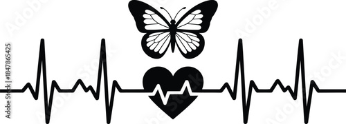 Butterfly With Heartbeat Line Minimalist Vector Design On Transparent Backdrop