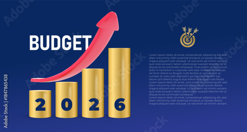 Budget 2026 text logo in red and yellow colors. Financial budgeting 2026 concept banner. 3D vector typography for business, government and economy themes. Price growth and rising indicators design.
