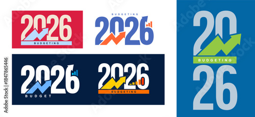 Set of Budget 2026 logo designs, budgeting banner templates. Colorful 2026 text. Vector illustration for finance, business planning, government agencies, economy reports and budget presentations.