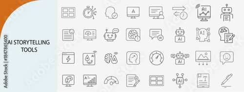 ai storytelling and creative content icons, minimal line vector set