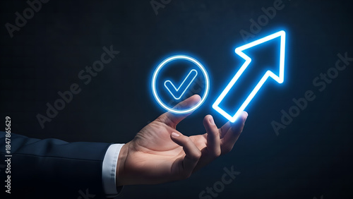 hand holding a glowing light bulb, businessman pushing a button on a virtual screen, Business people showing ideas warranty, international standard, ISO quality certification and quality guarantee mar