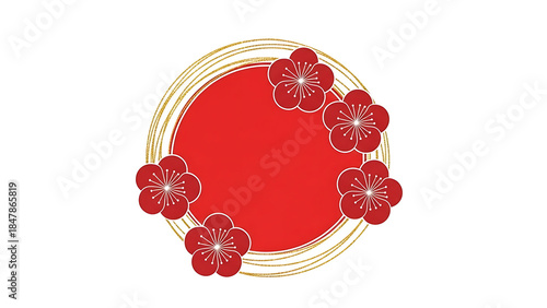 Red Circle With Golden Swirls And Red Flowers In Japanese Style