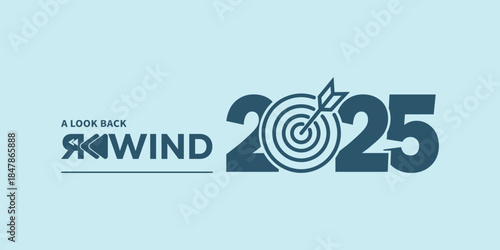 Modern “A Look Back Rewind 2025” typography in dark teal on light blue background, with stylized rewind icon and flowing year numbers, ideal for year-in-review videos, social media recaps, and present