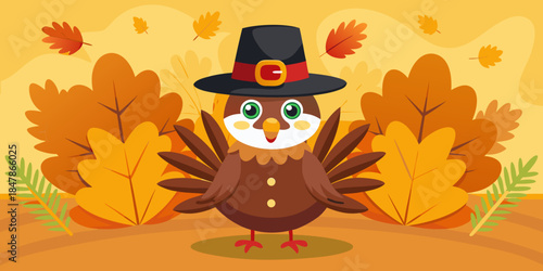 Thanksgiving day turkey background - 3d cute thanksgiving turkey cartoon in pilgrim hat and yellow orange autumn leaves - horizontal vector illustration for banner, poster, social media 